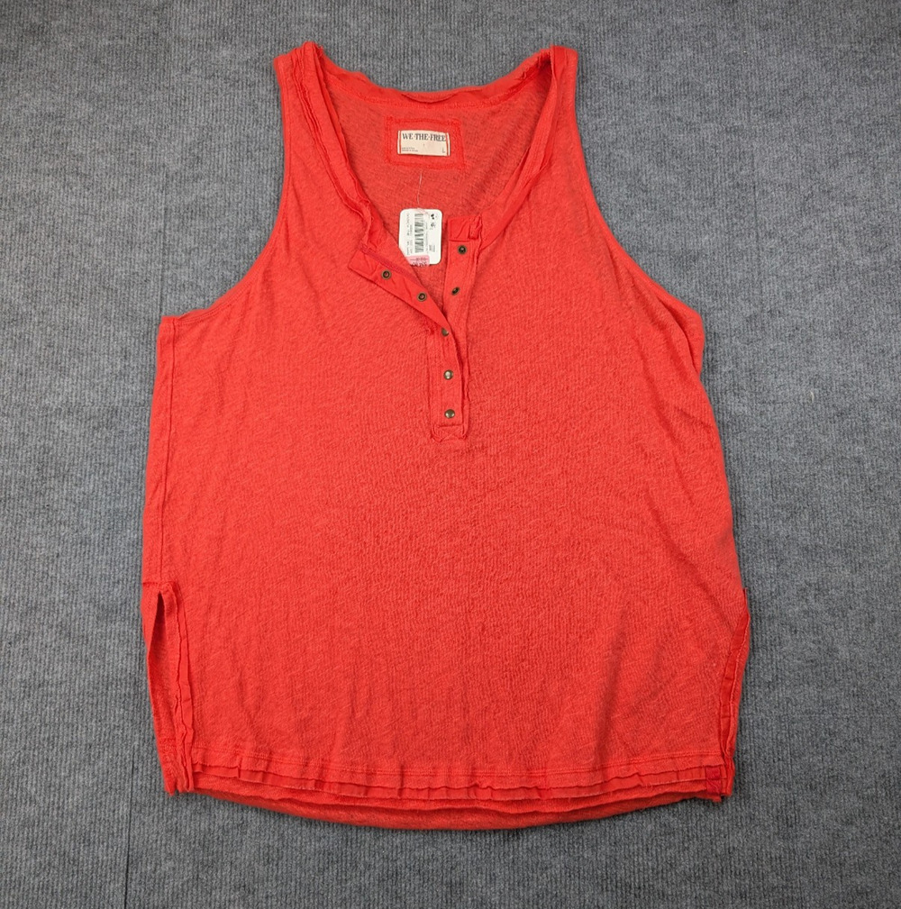 We The Free People Linen Tank Women Large Red Henley Coastal Minimal Lightweight